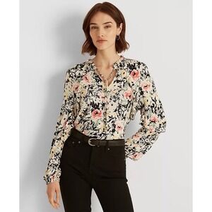 Lauren Ralph Lauren Floral Ruffle-Trim Long-Sleeve Top Size XL Regency Soft